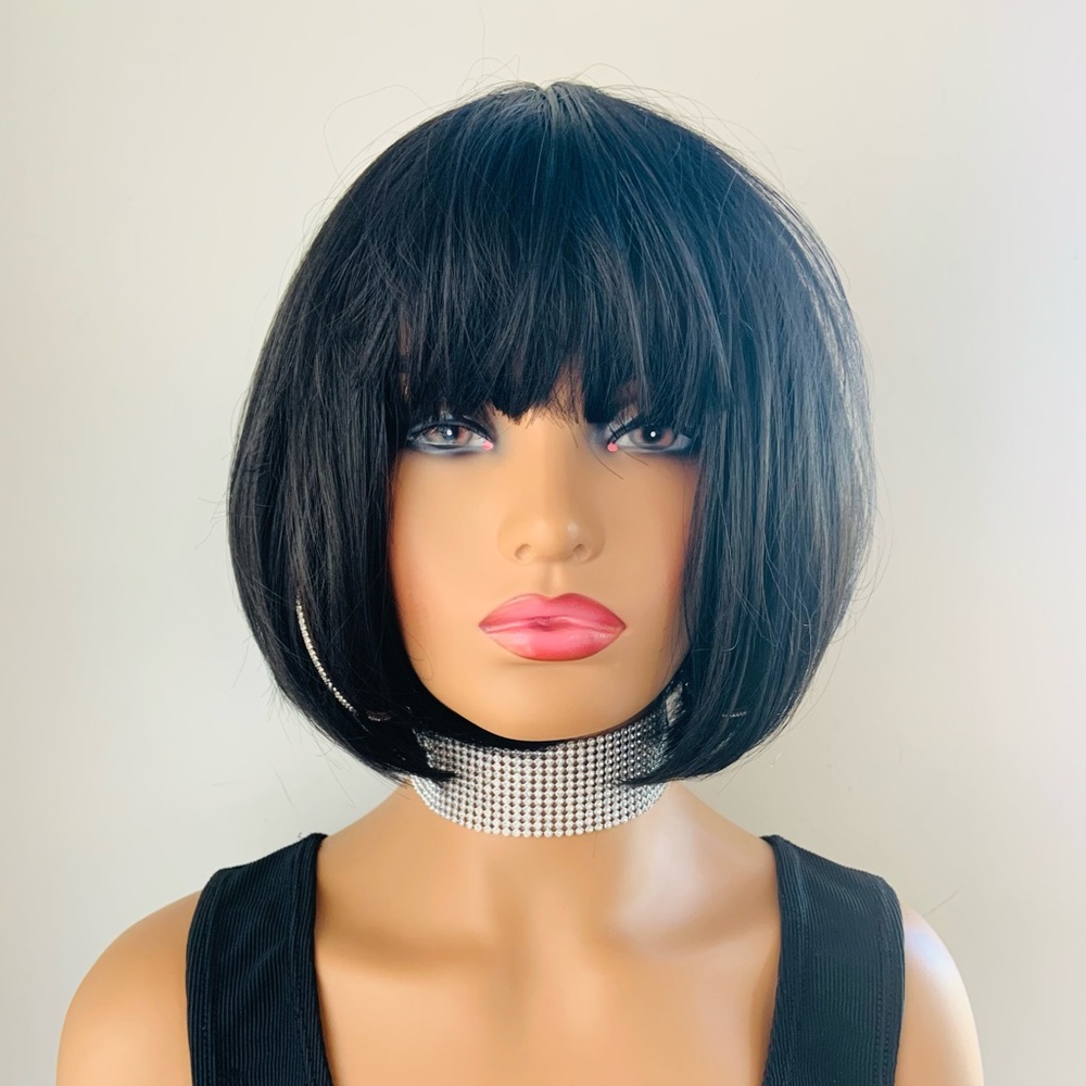 Classic Black Bob Style “Put On & Go” Synthetic Wig with Bangs - Retro Vibes 🖤